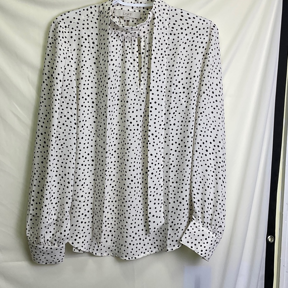 LOFT CreamBlouse with Black Polka Dots and Tie Neck